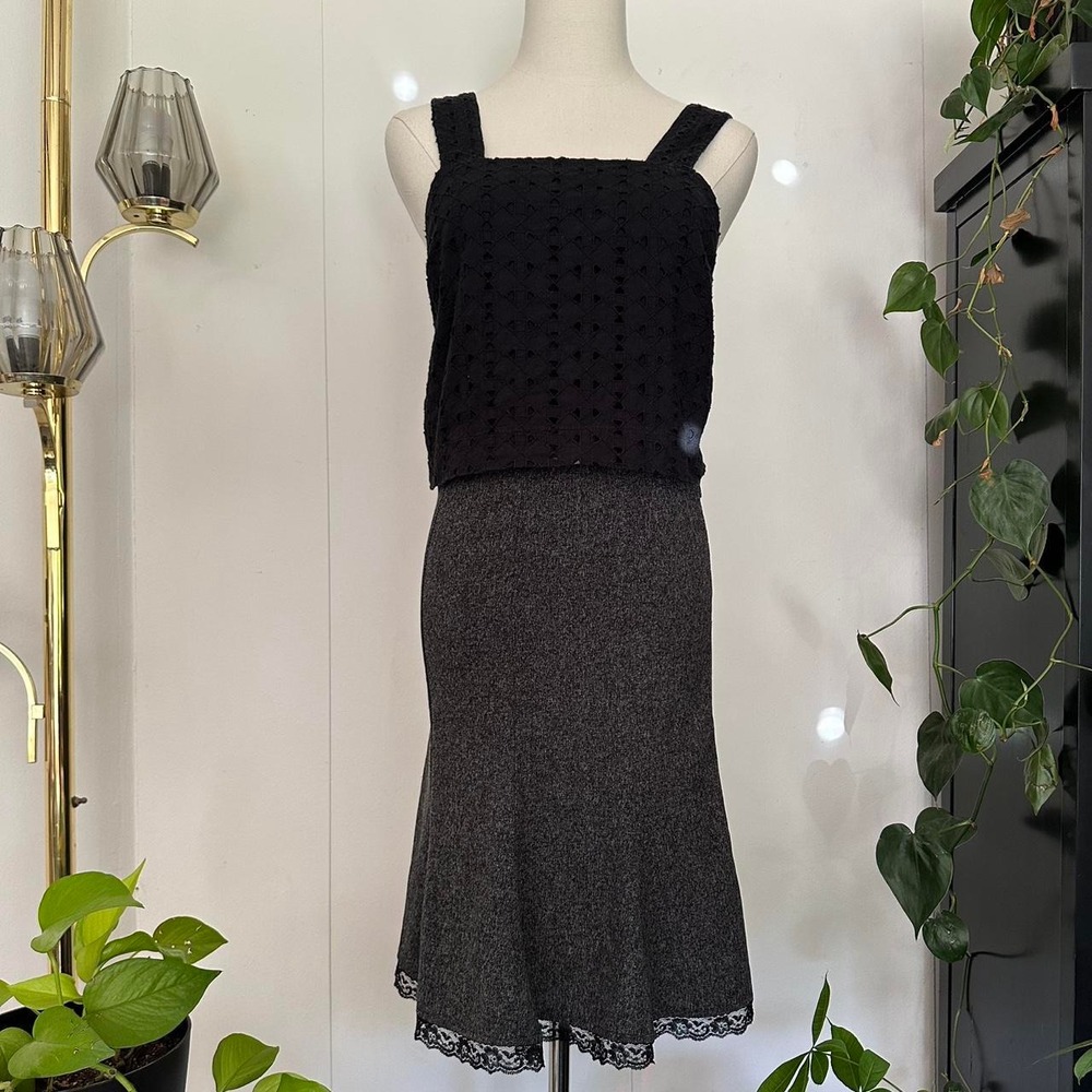 Copper Key Y2K Grey Black Lace Trim High Waisted Fluted Midi Skirt Womens Size 5